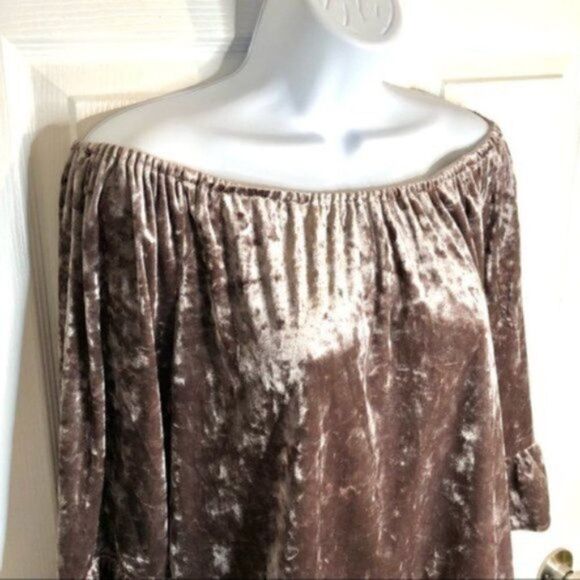 Neiman Marcus Sanctuary Crushed Off Shoulder Velvet Top Julia Ruffle Mink M NWT - Picture 7 of 11